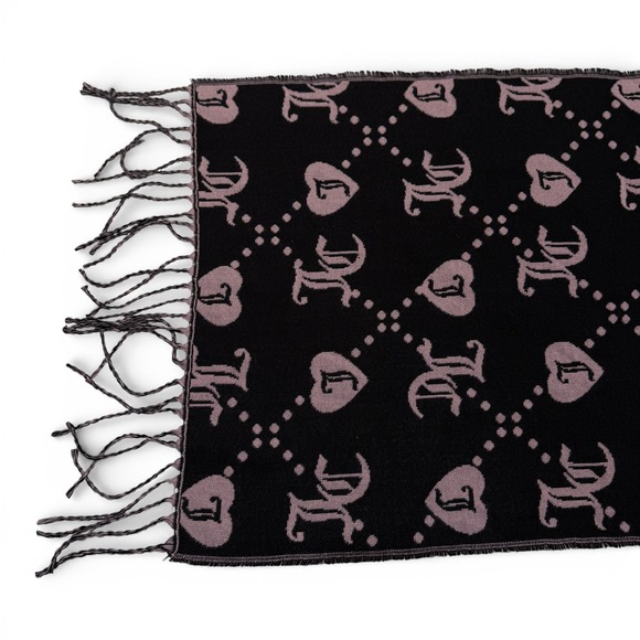 Juicy Couture Scarf Black Pink Heart Logo Print Fringe Reversible - Picture 3 of 6